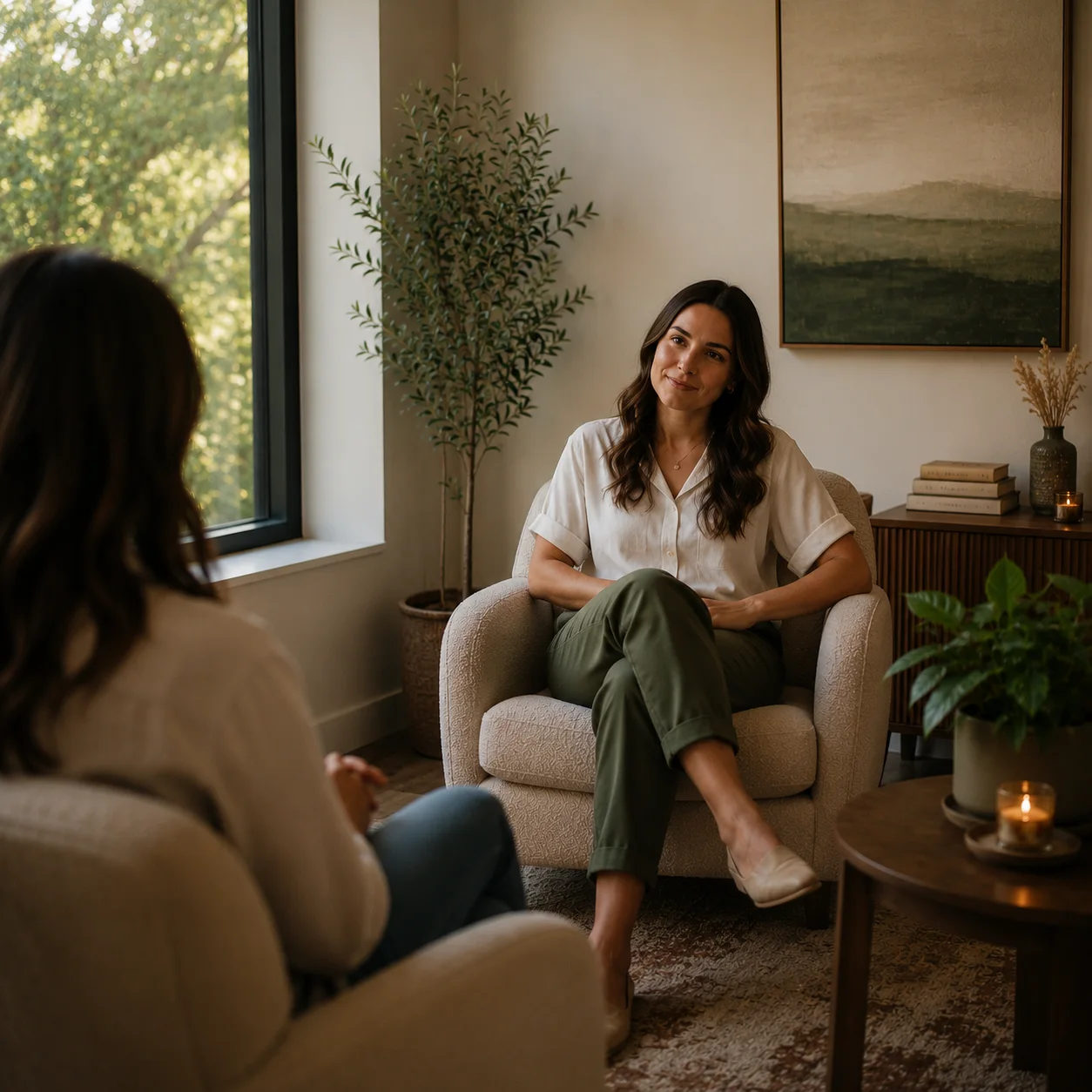 A counselor and client in conversation during a session at Being Wellness Therapy